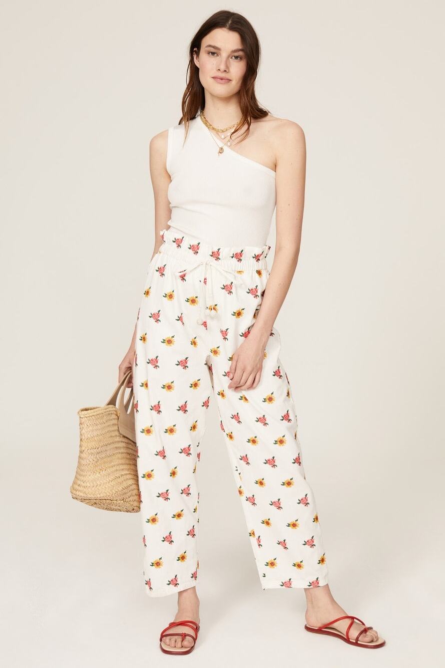 Farm Rio Mixed Flowers Embroidered White Tie Waist Straight Pants Size XS